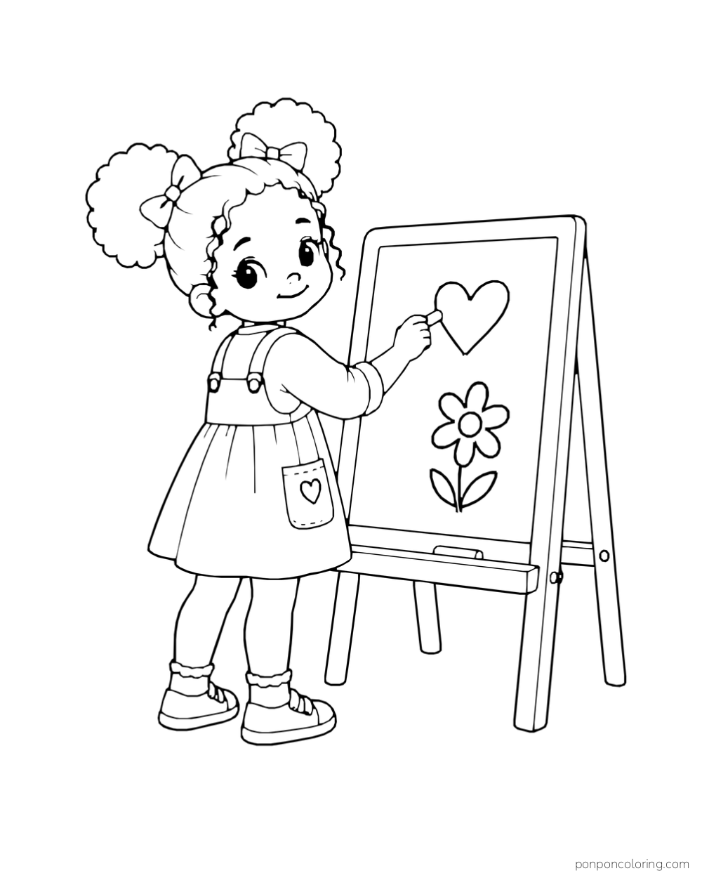 A girl with two puff ponytails draws a heart and a flower on a standing chalkboard.