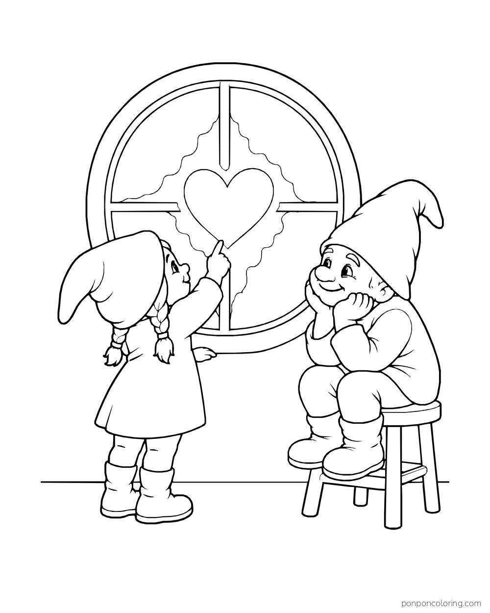Young gnome tracing a heart on a round window while an older gnome watches from a stool.