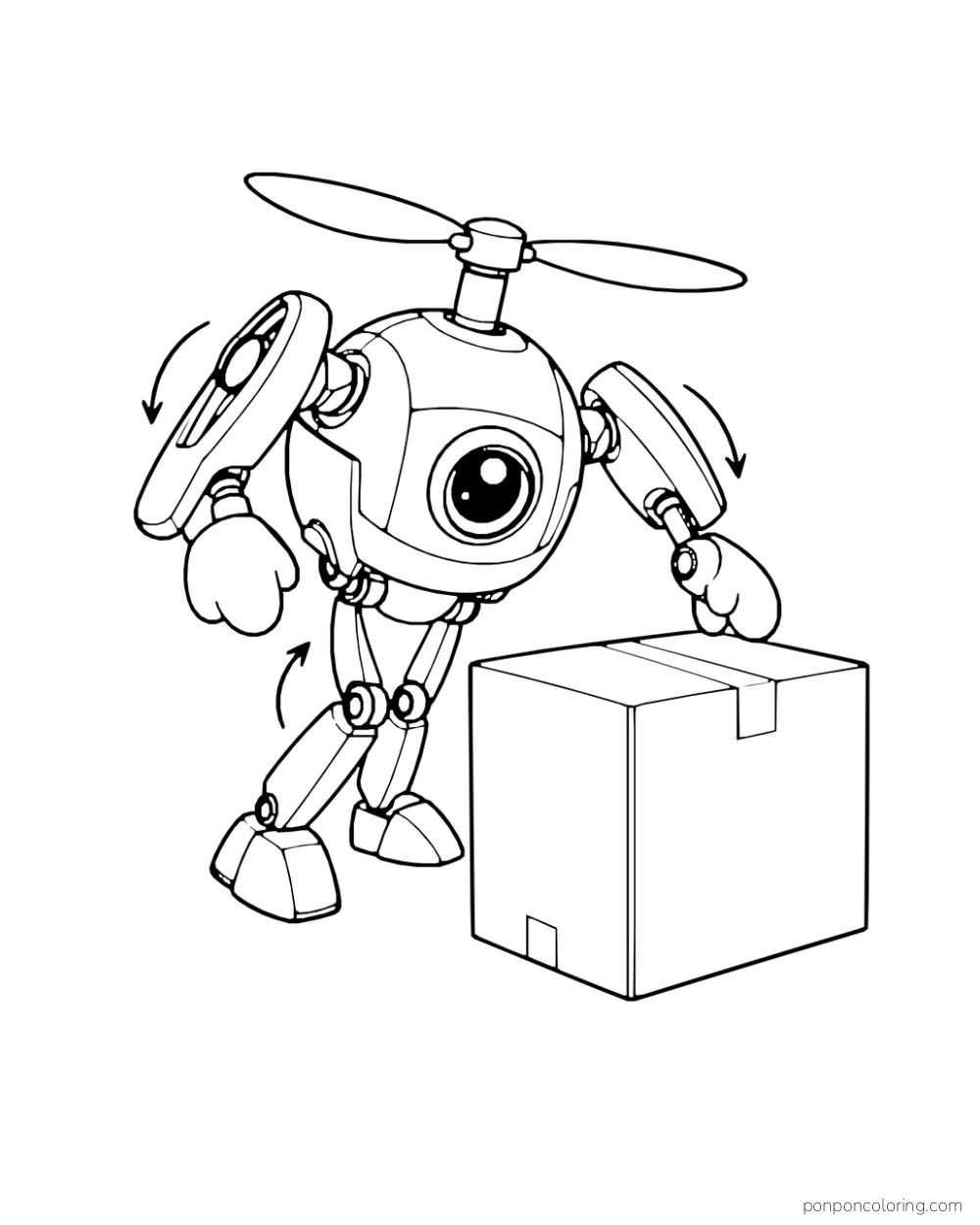 Delivery drone folds rotor arms down into a tiny biped beside a parcel.