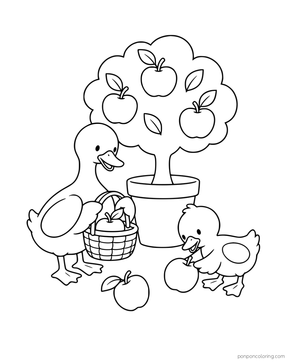 Two ducks collecting apples beside a potted apple tree, with one holding a basket.