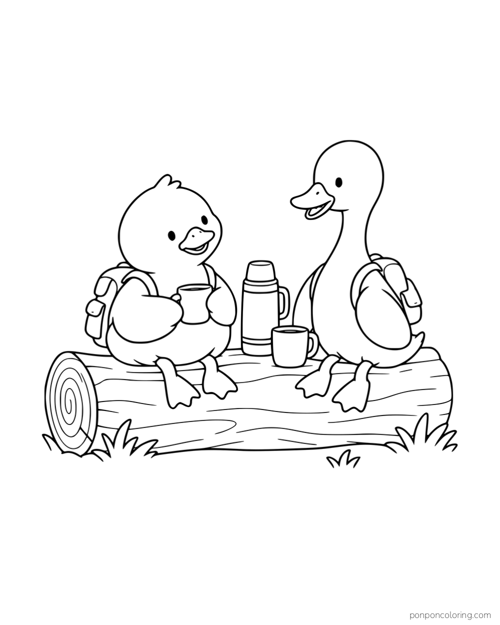 Two ducks wearing backpacks resting on a log with mugs and a thermos.