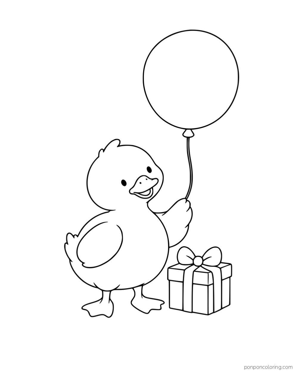 A duckling holding a balloon beside a wrapped present.