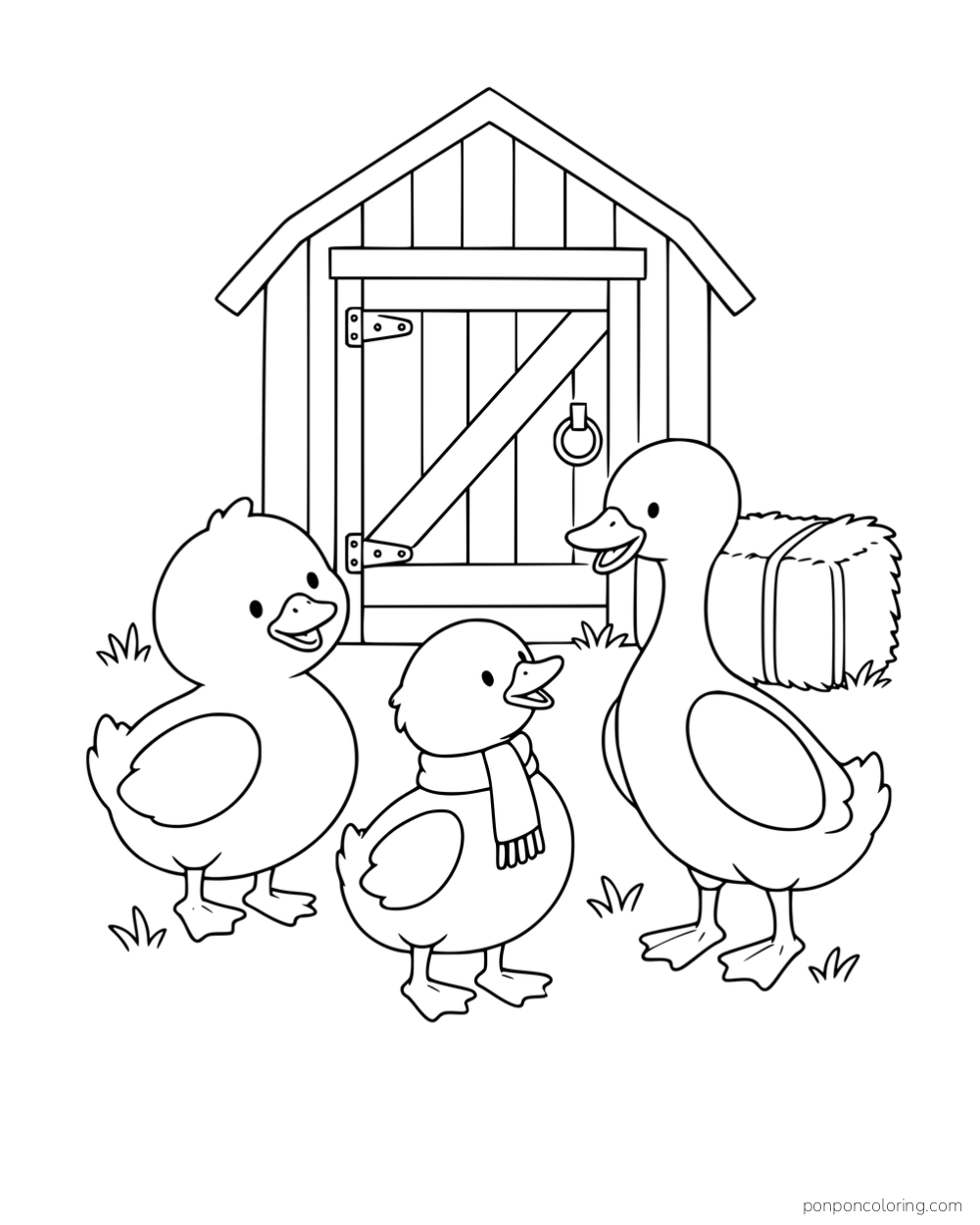 Three ducks standing in front of a small barn doorway beside a hay bale, with the smallest wearing a scarf.