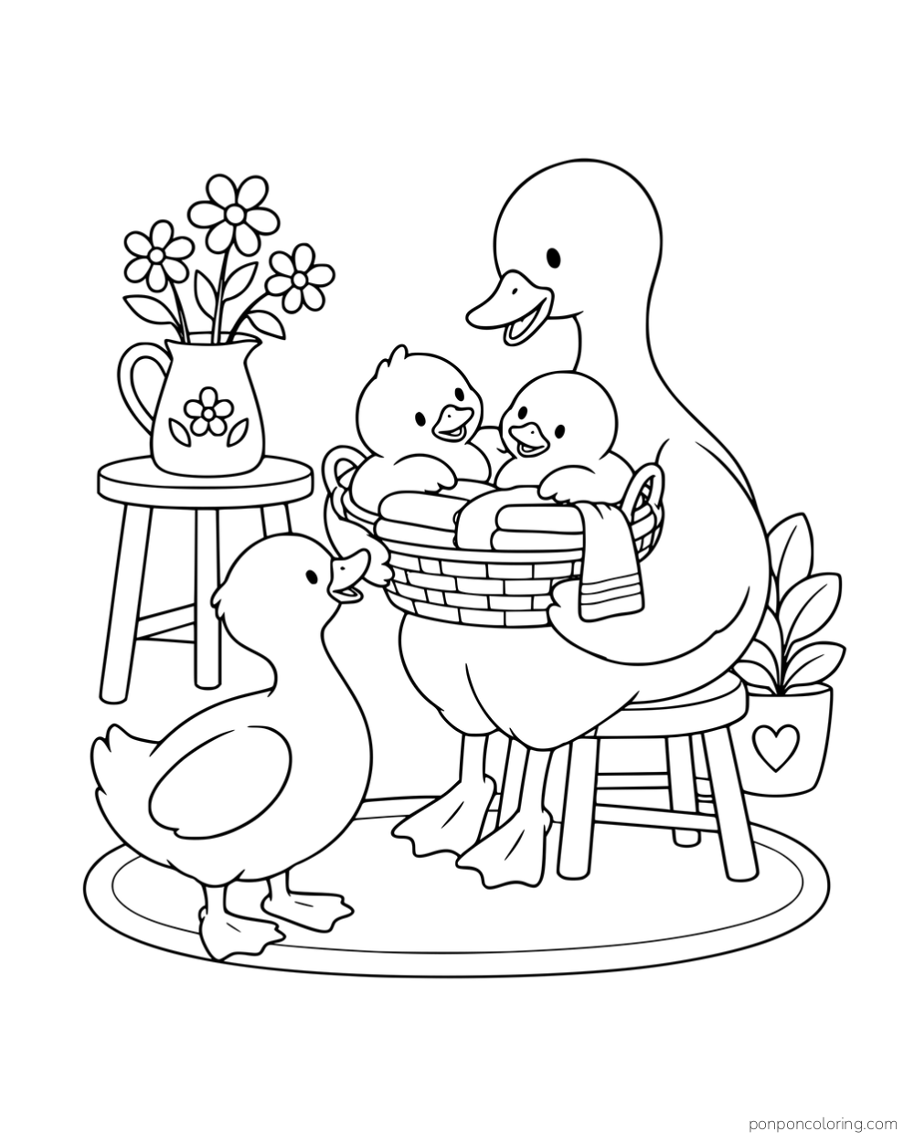 A larger duck holding a towel-filled basket with two ducklings while another duck stands beside the stool.