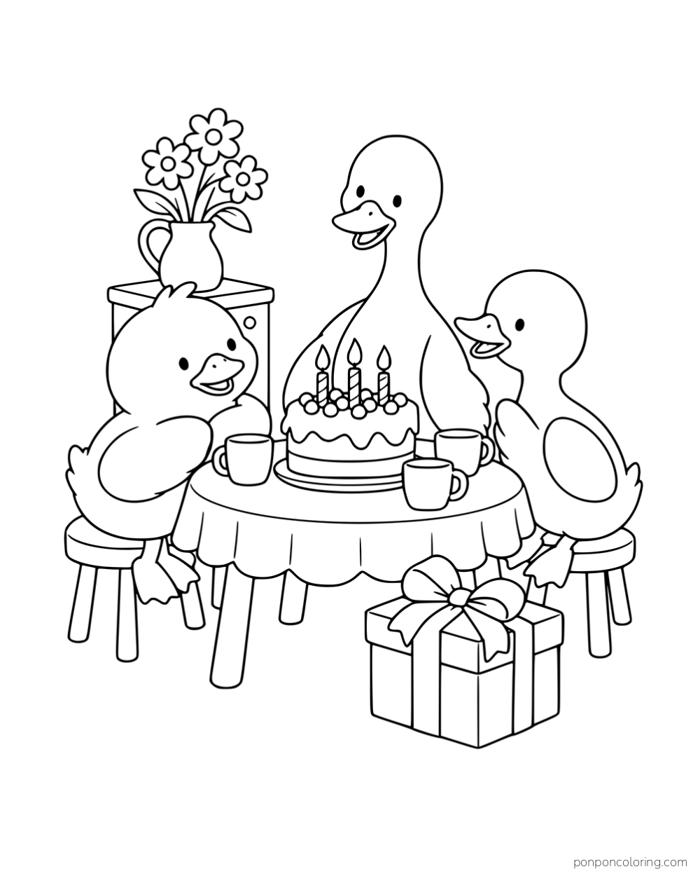 Three ducks gathered around a birthday cake with candles, mugs and a wrapped present.