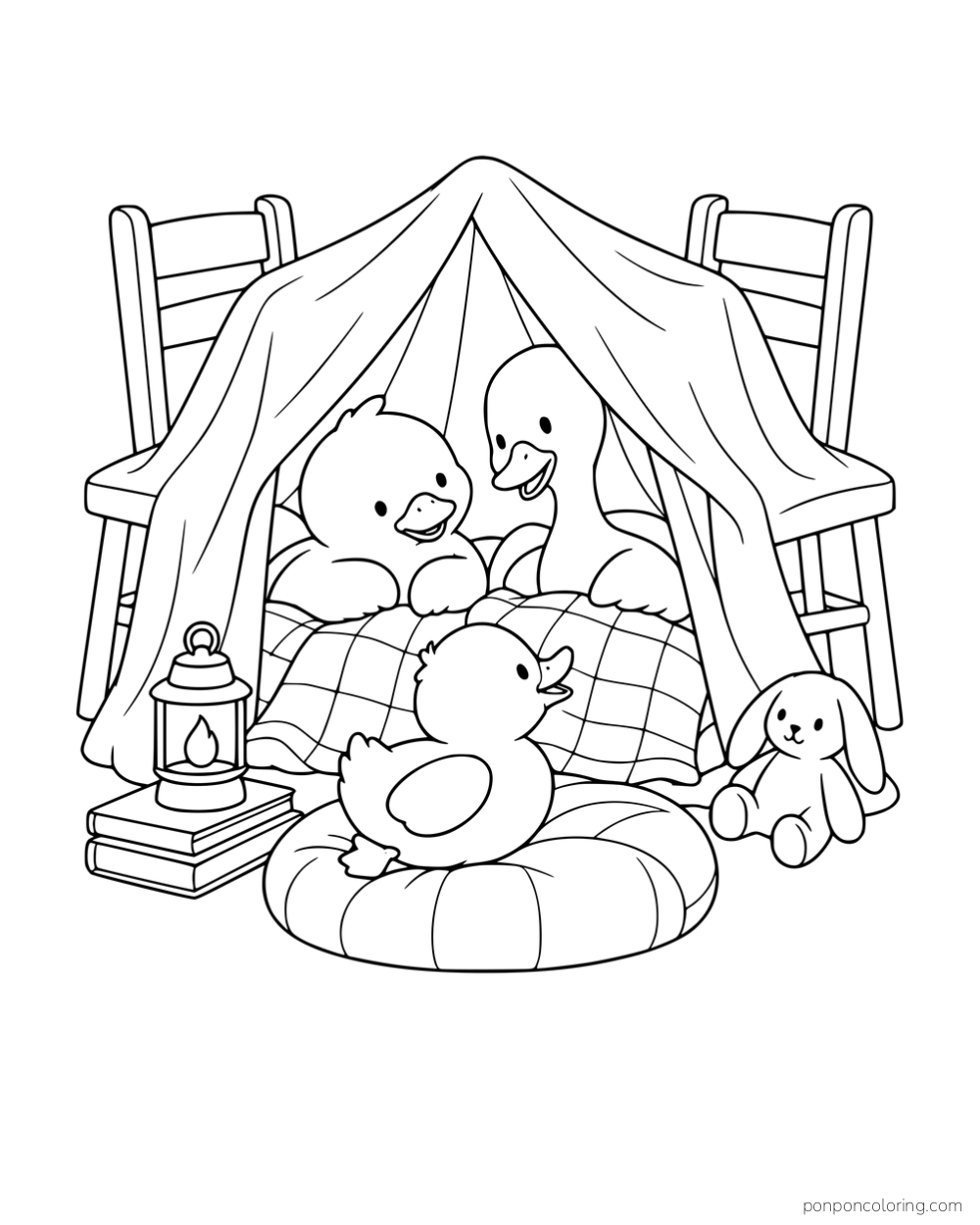 Three ducks relaxing in and beside a blanket fort made with two chairs, with books, a lantern and a toy rabbit.