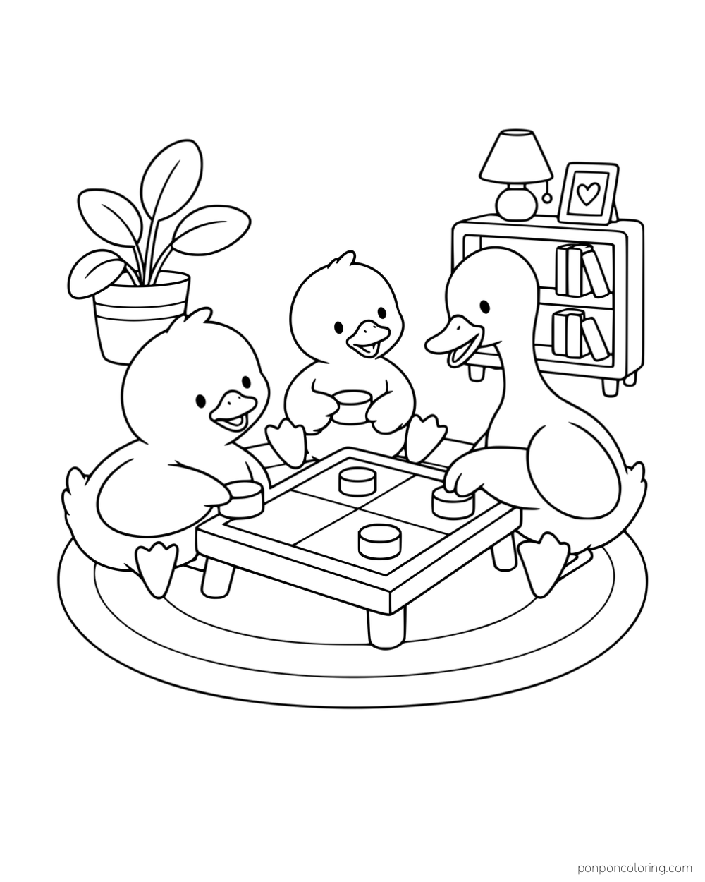 Three ducks playing a board game on a low table with a bookcase and plant behind them.