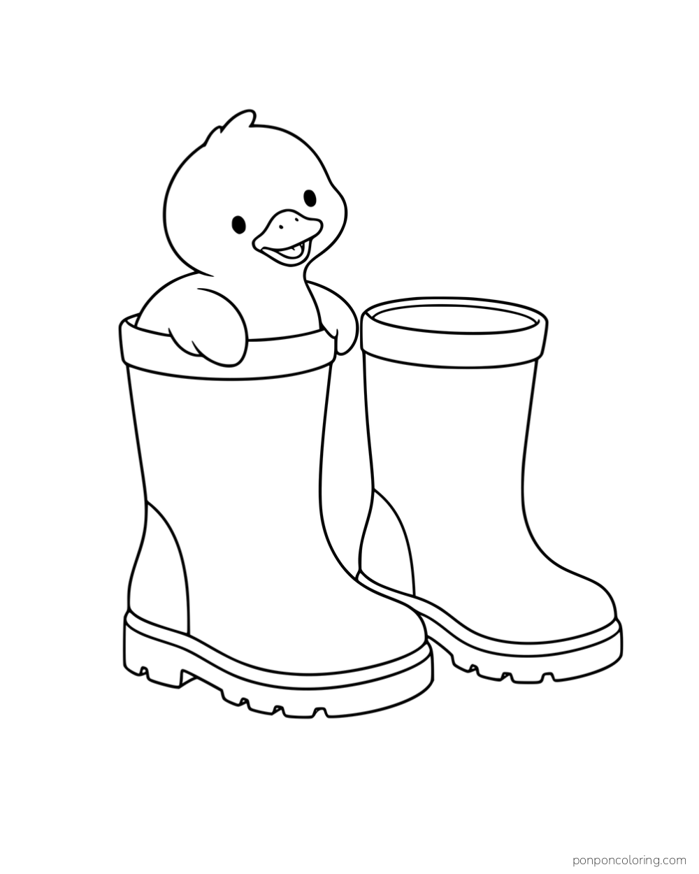 A duckling peeking out of one rain boot with a second boot standing beside it.