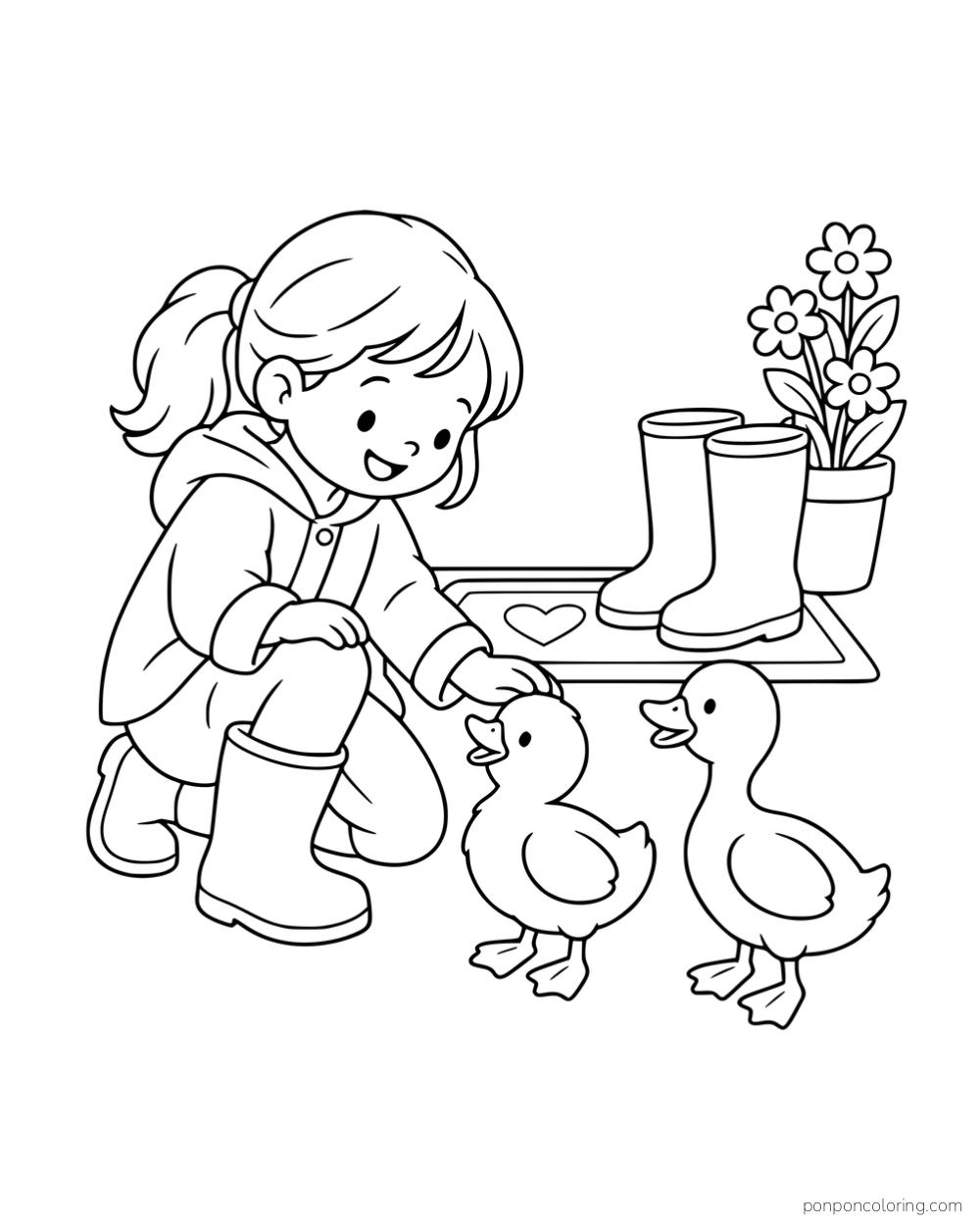 A child in rain boots petting one of two ducklings beside a doormat, empty boots and a flowerpot.