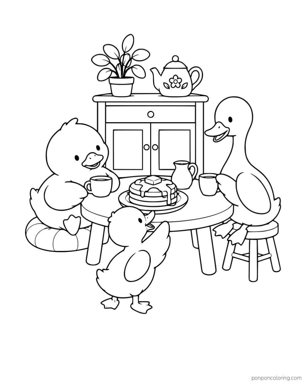 Three ducks gathered around a kitchen table with pancakes and mugs in front of a cupboard with a teapot and plant.