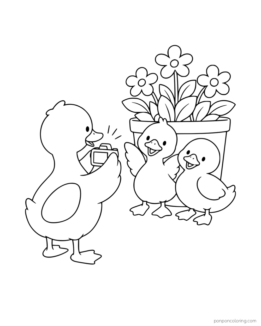 A duck holding a camera in front of two ducklings posing beside a flowerpot.