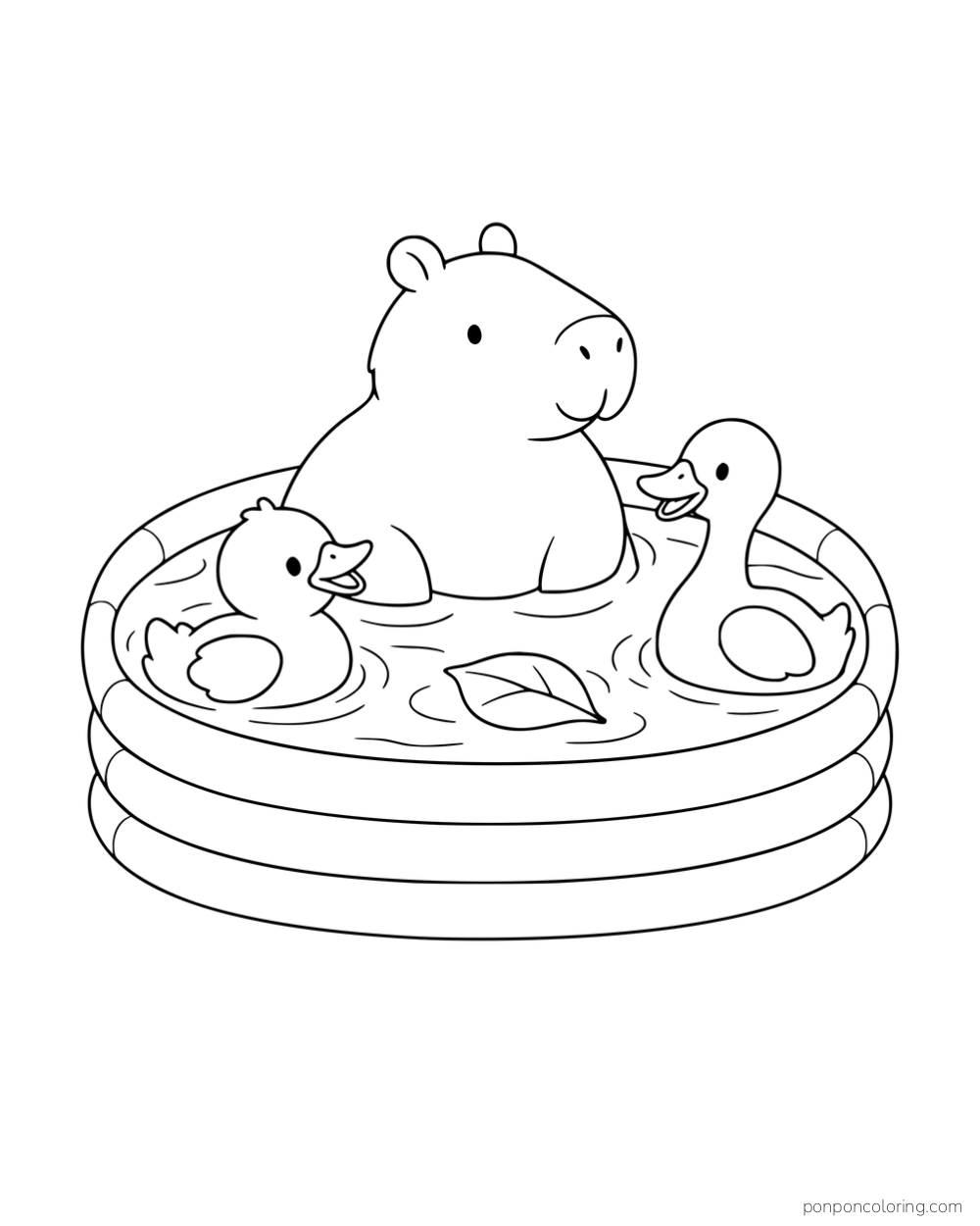 A capybara and two ducks sitting in a round inflatable pool with a floating leaf.