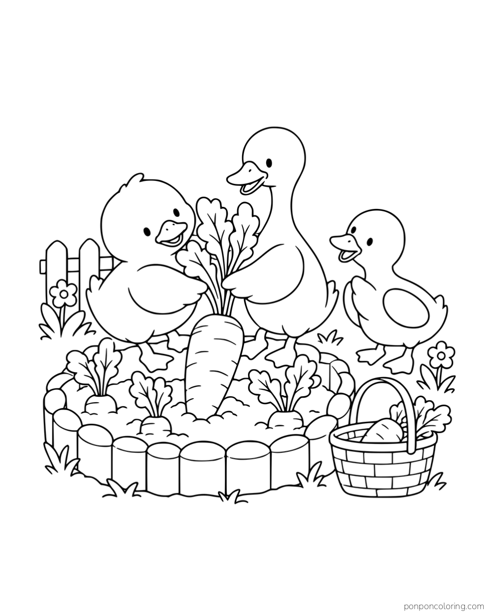Two ducks pulling a large carrot from a garden bed while a third watches beside a basket.