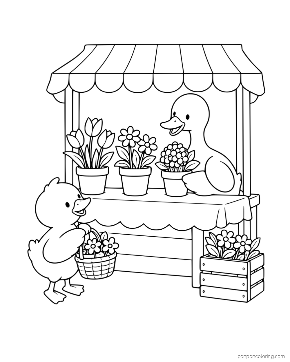 A duck behind a flower stall with a duckling carrying a basket of flowers in front.