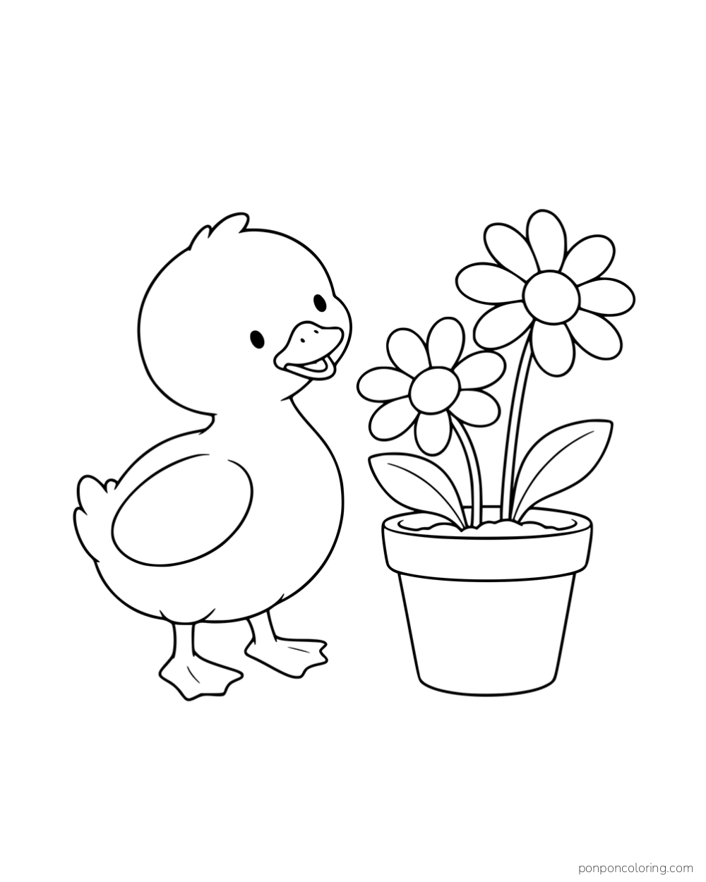 A duckling standing beside a flowerpot with two large daisies.