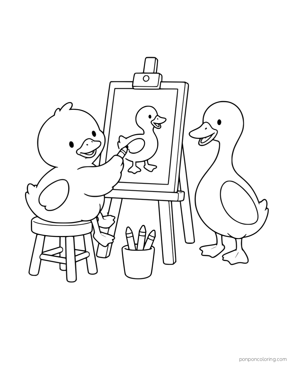 A duck drawing another duck at an easel beside a cup of crayons.