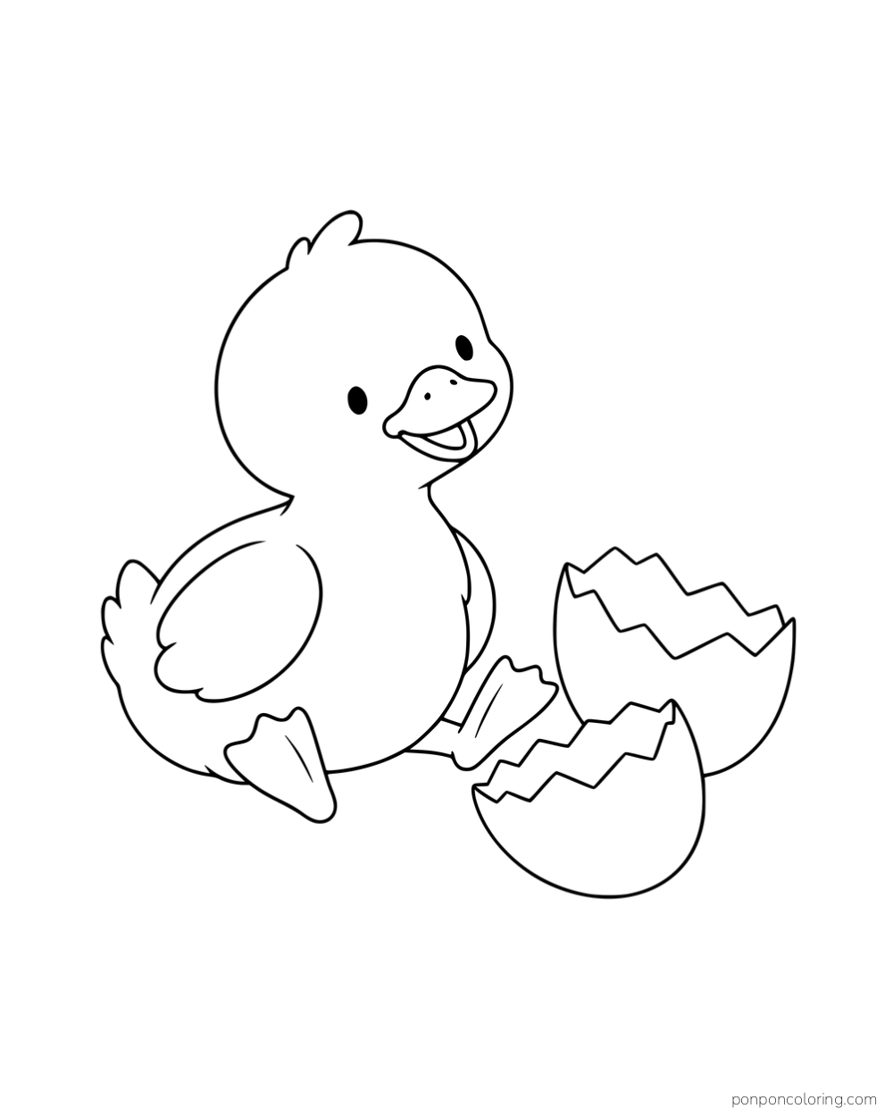 A duckling sitting beside two empty eggshell halves.