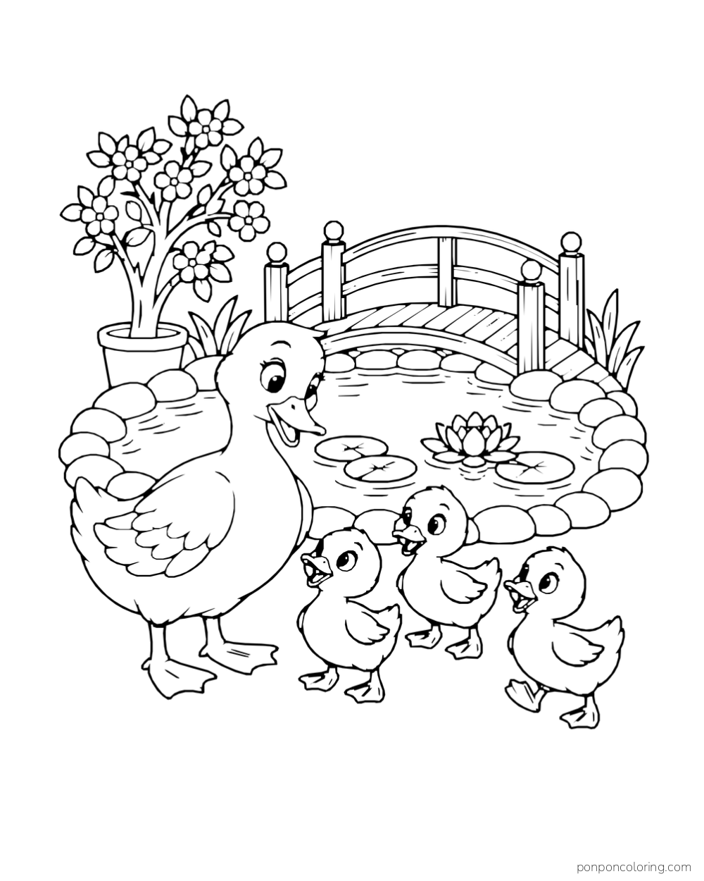 A mother duck and three ducklings stand beside a stone-rimmed pond with a bridge and a potted blossom tree.