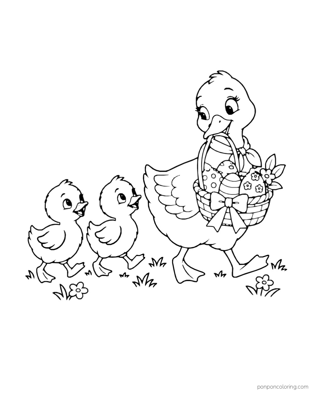 A duck carries a basket of decorated eggs in its bill while two ducklings follow across the grass.