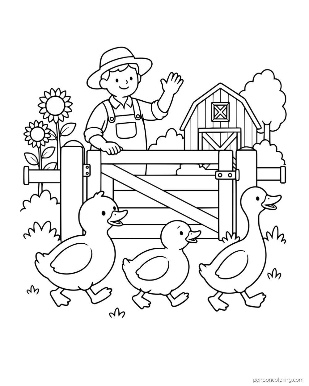 A farmer waving behind a farm gate while three ducks walk past, with a barn and sunflowers behind.