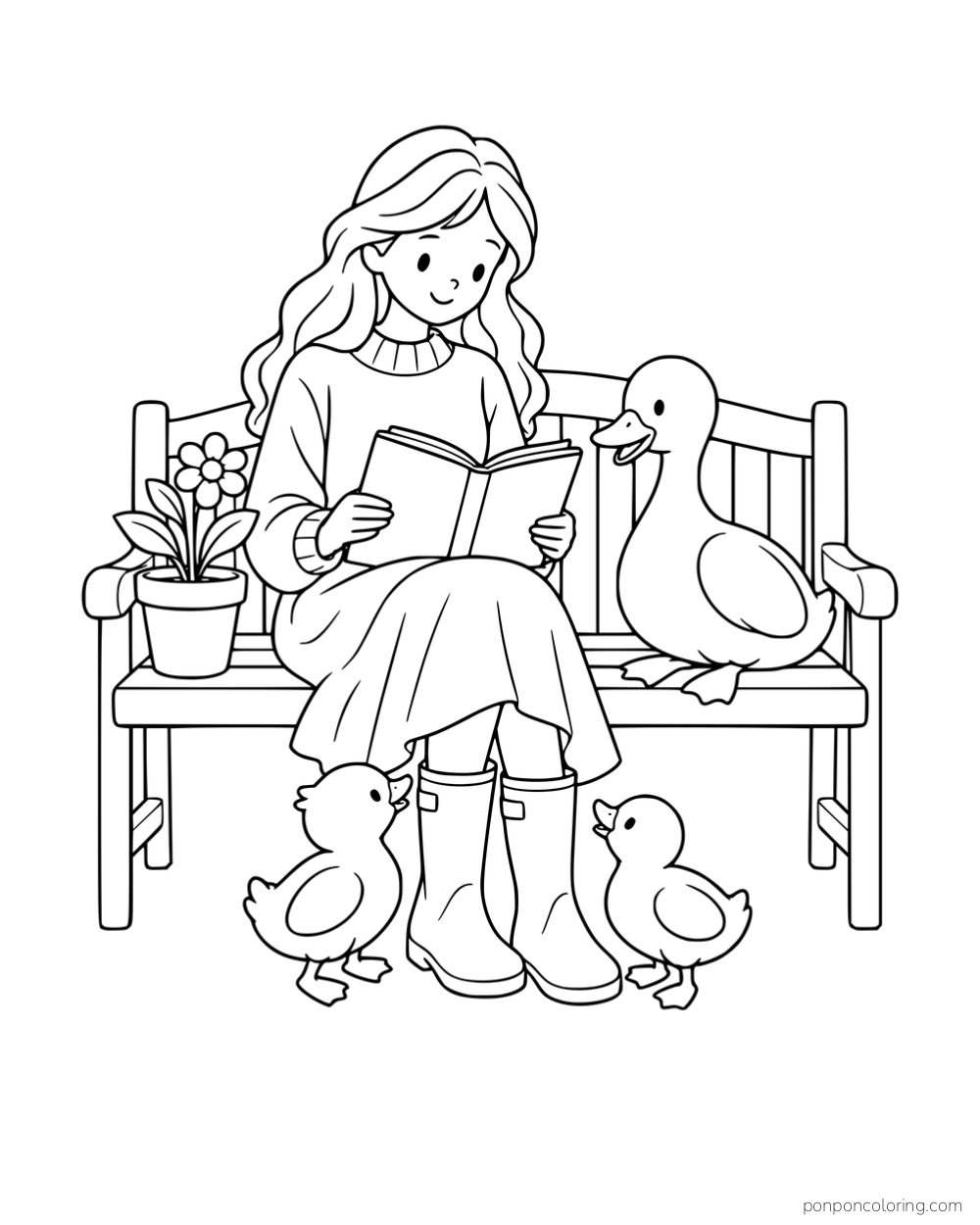 A woman reading on a garden bench beside a duck, with two ducklings near her boots and a flowerpot on the bench.