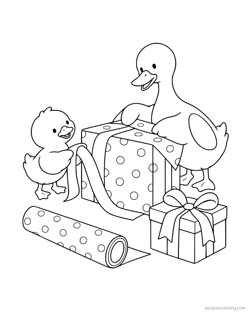 Two ducks wrapping a large gift beside a smaller finished present and a roll of dotted wrapping paper.