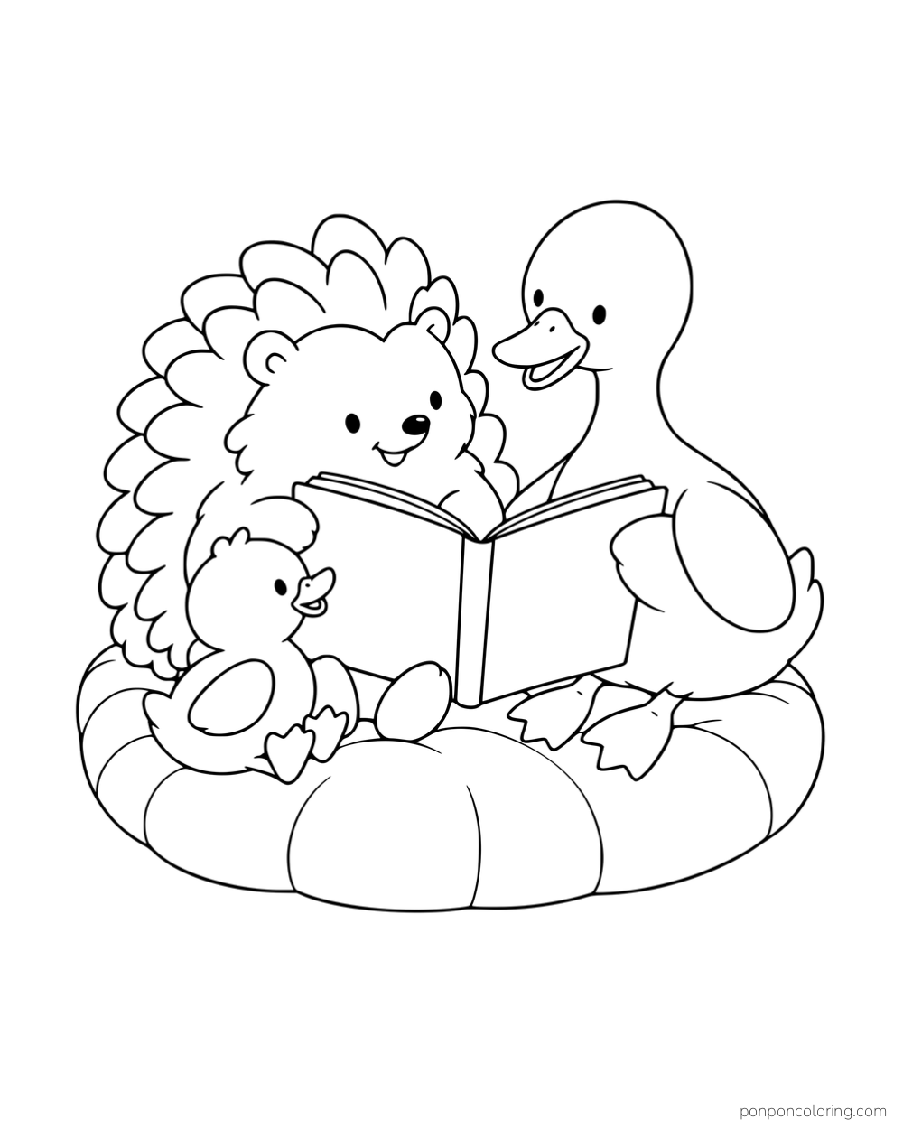 A hedgehog, a larger duck and a duckling sharing an open book on a round cushion.