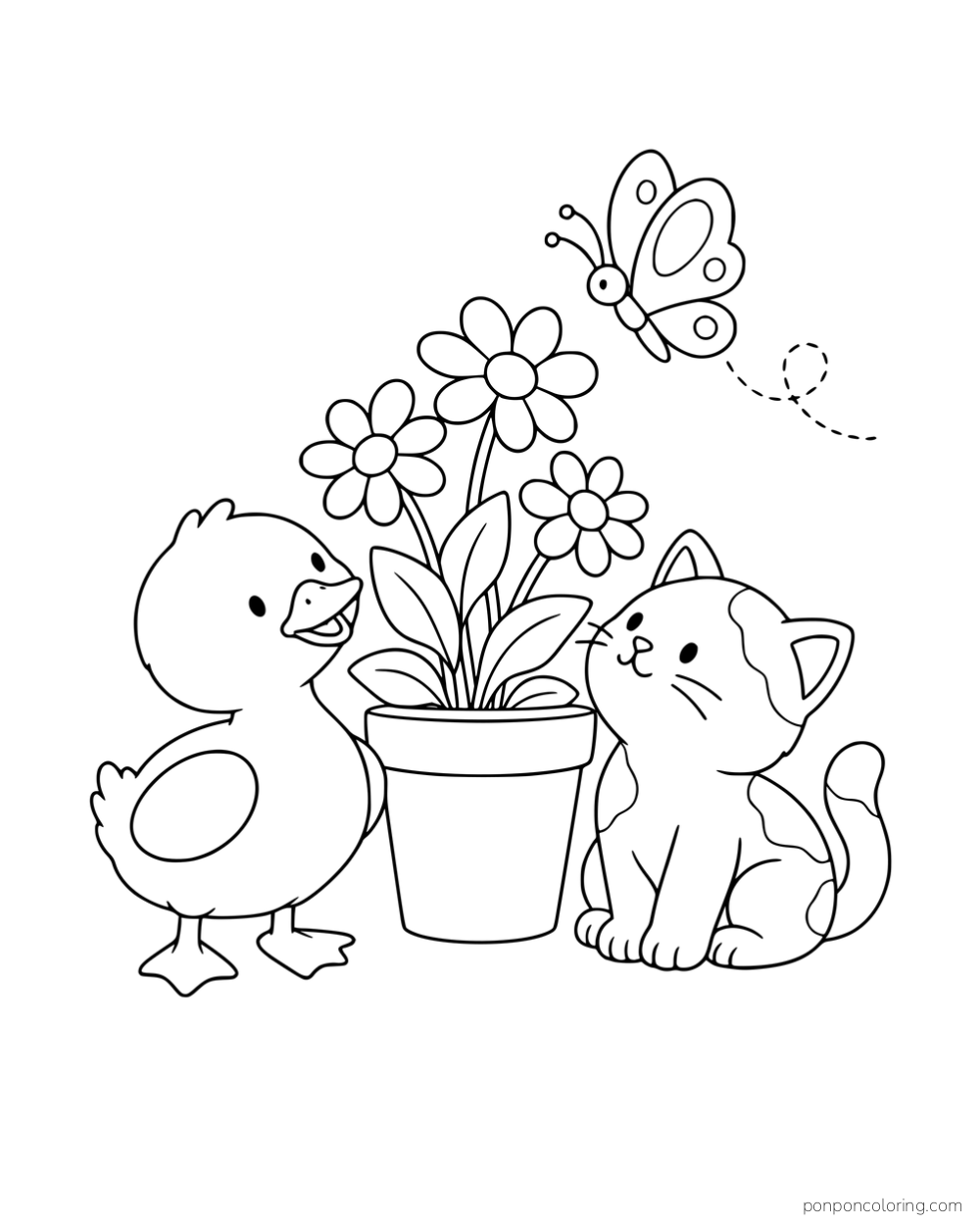 A duckling and a kitten sitting beside a pot of daisies and looking toward a butterfly.