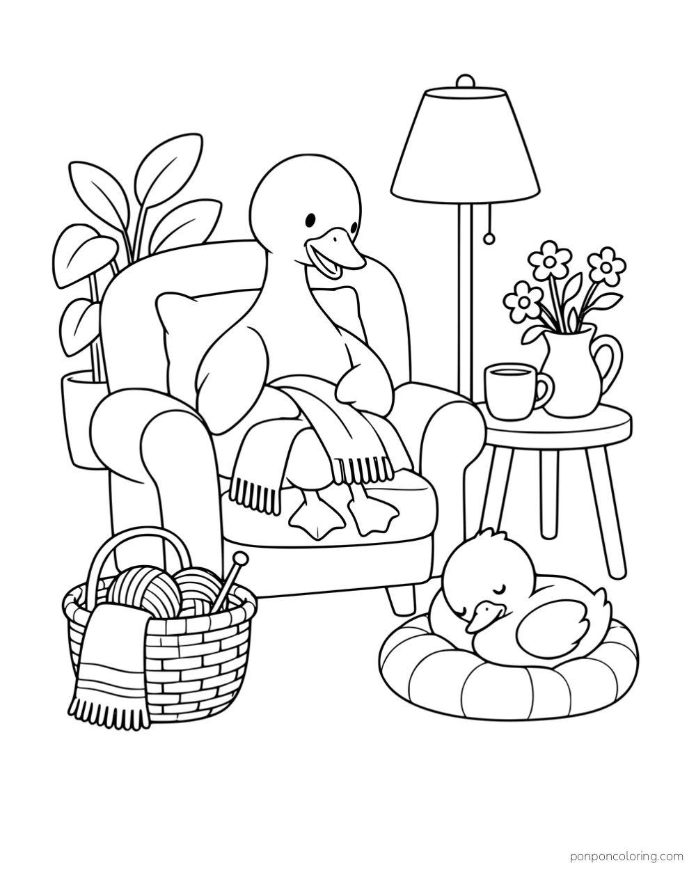 A duck knitting in an armchair beside a yarn basket while a duckling sleeps on a cushion.