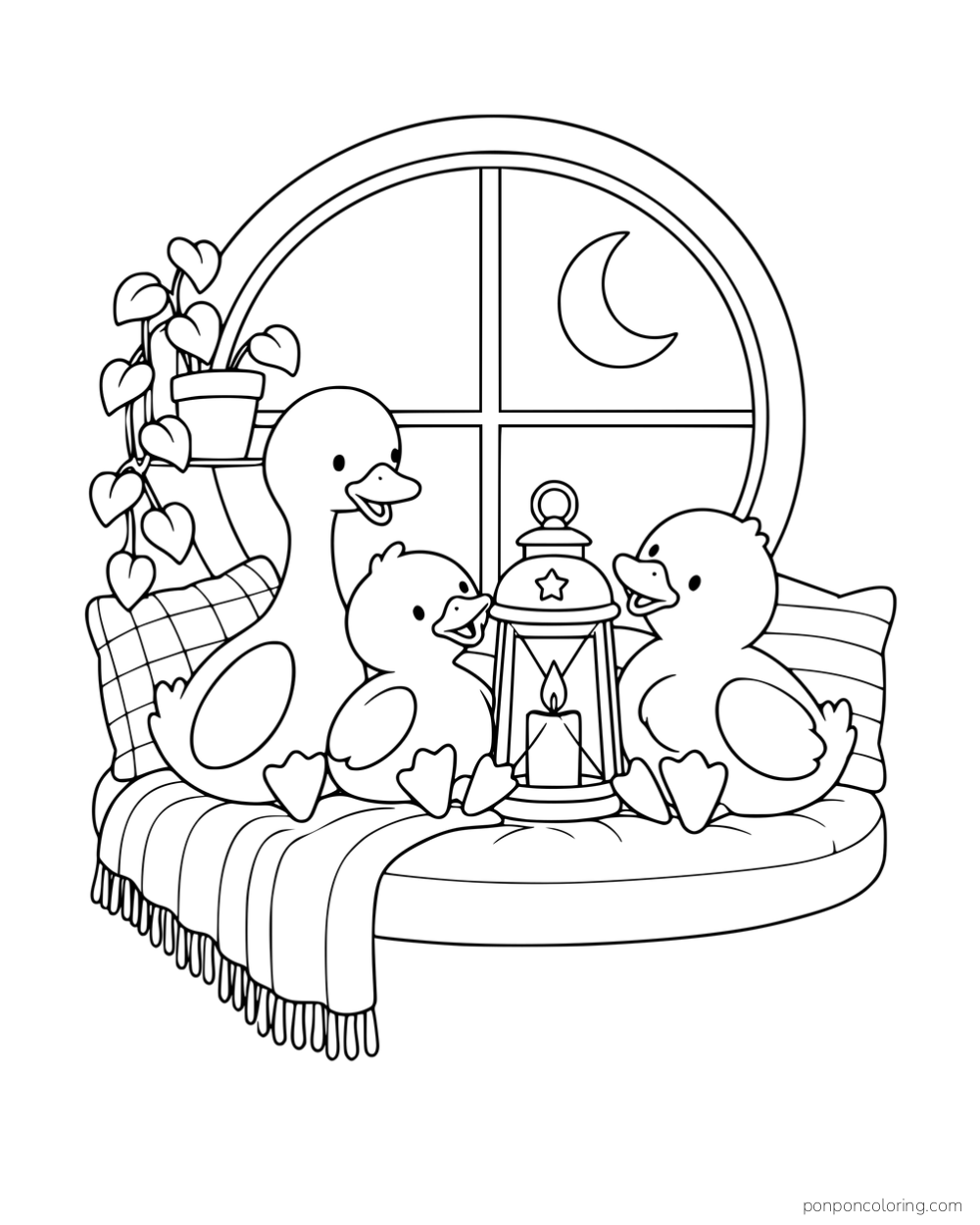 Three ducks sitting with a lantern on a window seat beneath a round window with a crescent moon.