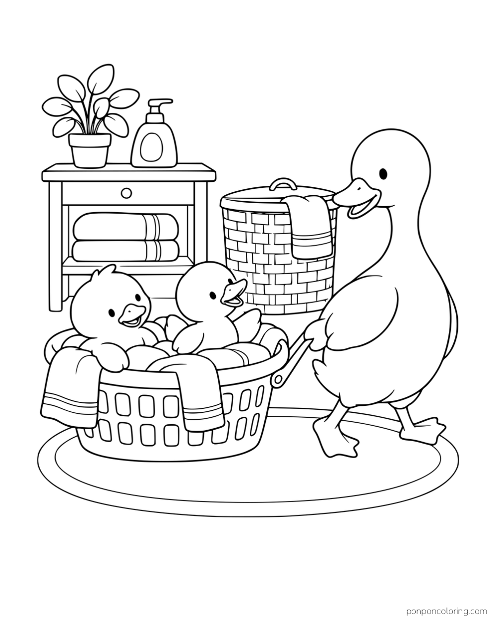 A larger duck holding a basket handle beside two ducklings nestled in towels in a laundry basket.