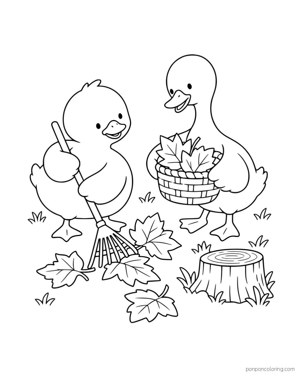 Two ducks gathering fallen leaves with a rake and a basket beside a tree stump.
