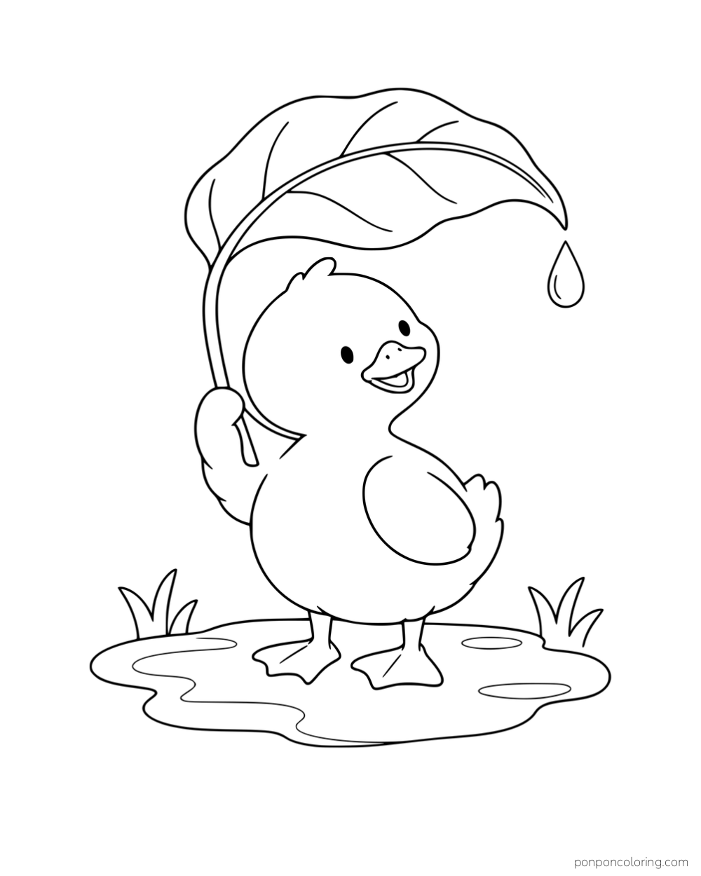 A duckling holding a large leaf over its head while standing in a puddle.