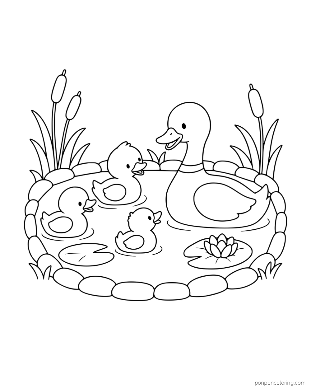 A larger duck and three ducklings swimming in a small stone-edged pond with lily pads and cattails.