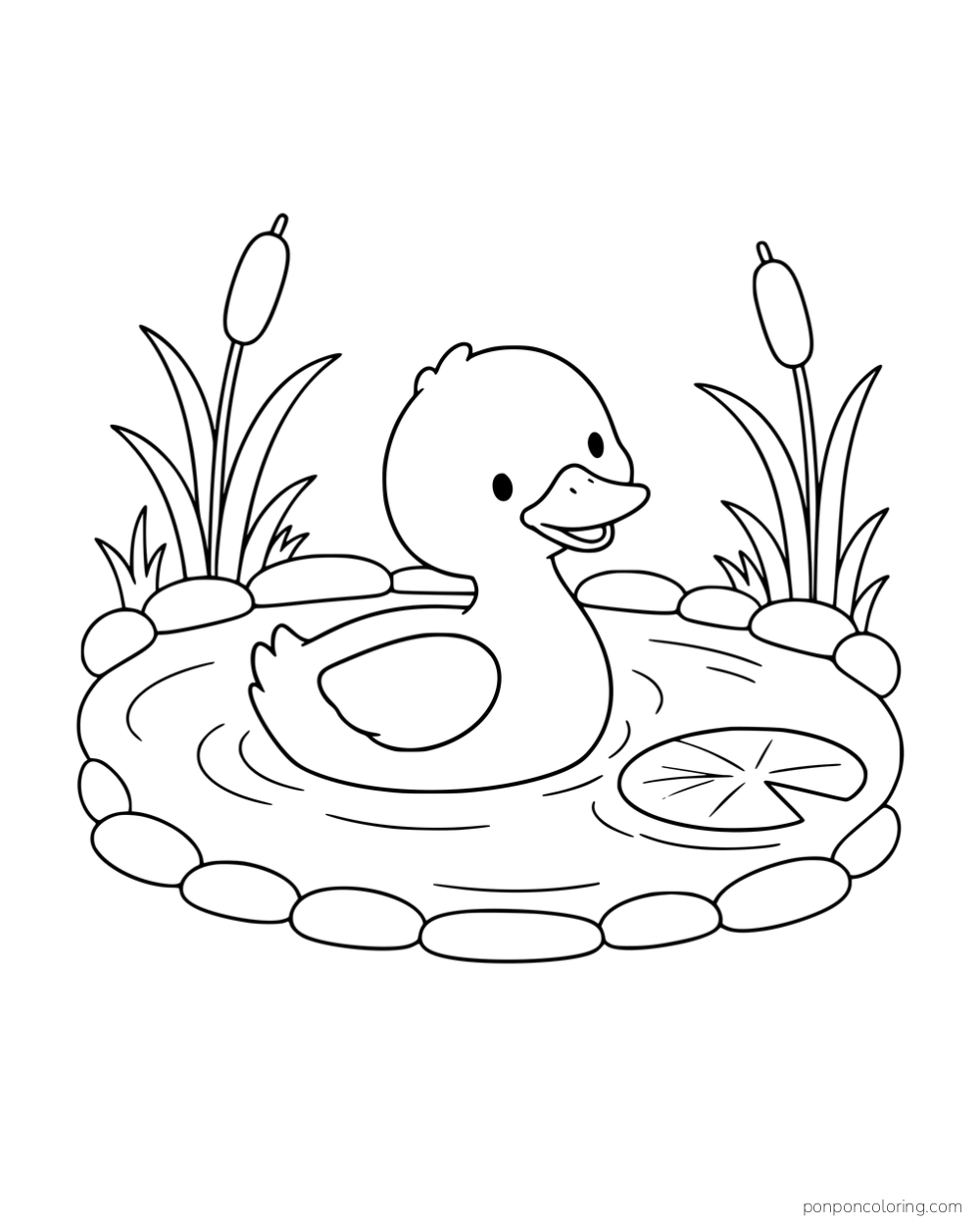 A duck swimming in a small stone-edged pond with cattails and a lily pad.