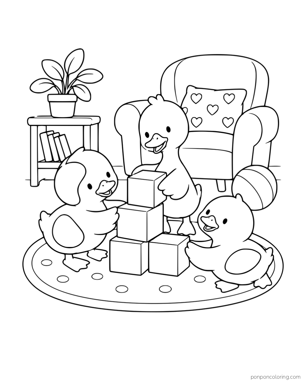 Three ducks stacking large toy blocks on a rug in front of an armchair and a small book table.