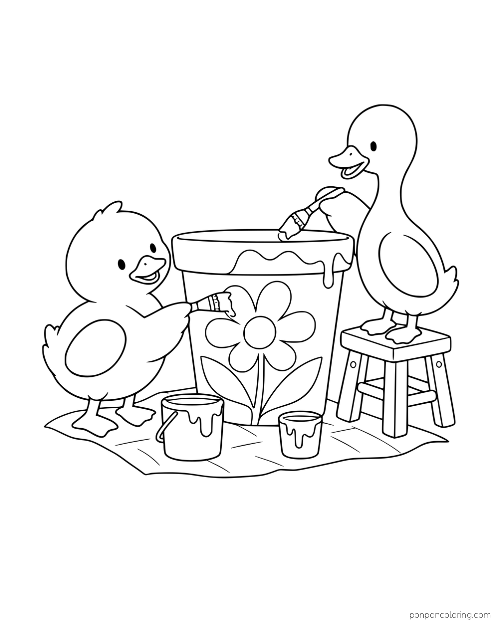 Two ducks painting a large flowerpot with brushes, with small paint cans on a sheet beneath them.