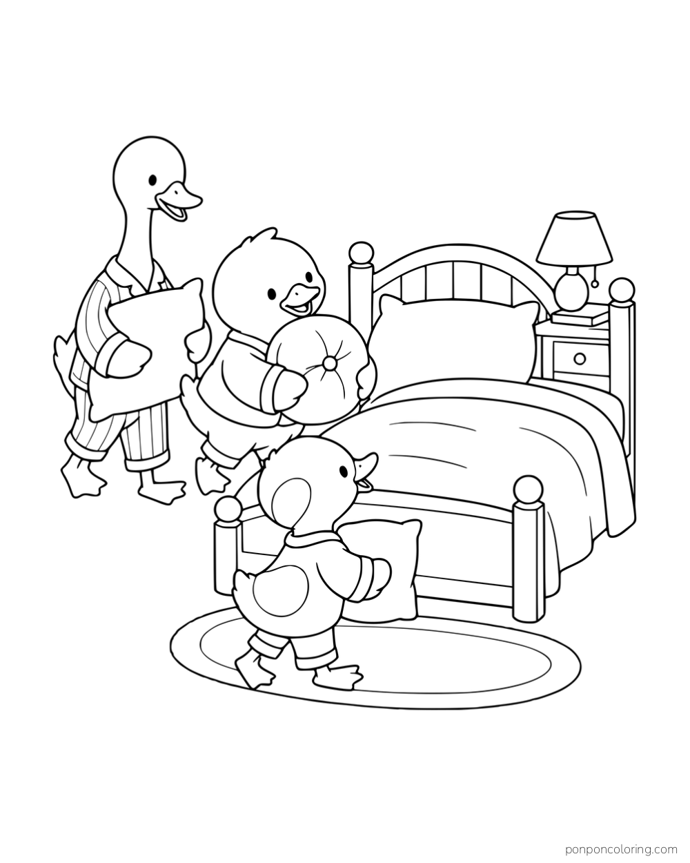 Three ducks in pajamas carrying pillows beside a bed, a nightstand and a lamp.