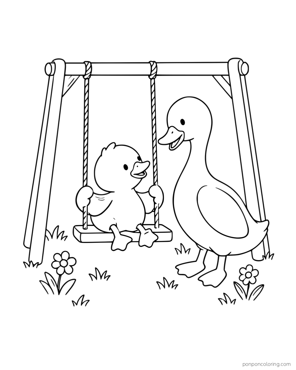 A duckling sitting on a swing beside a larger duck, with small flowers around the complete swing frame.
