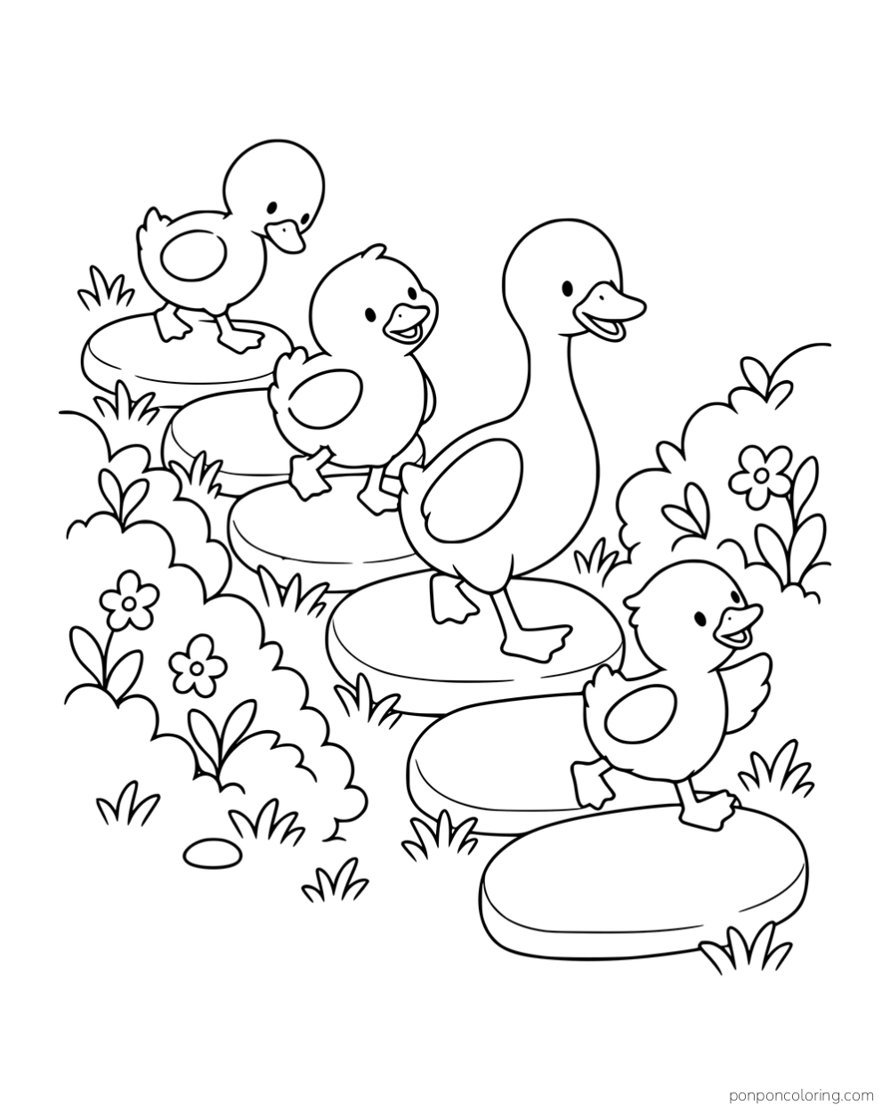 Five ducks walking along large stepping stones between flowers and bushes.