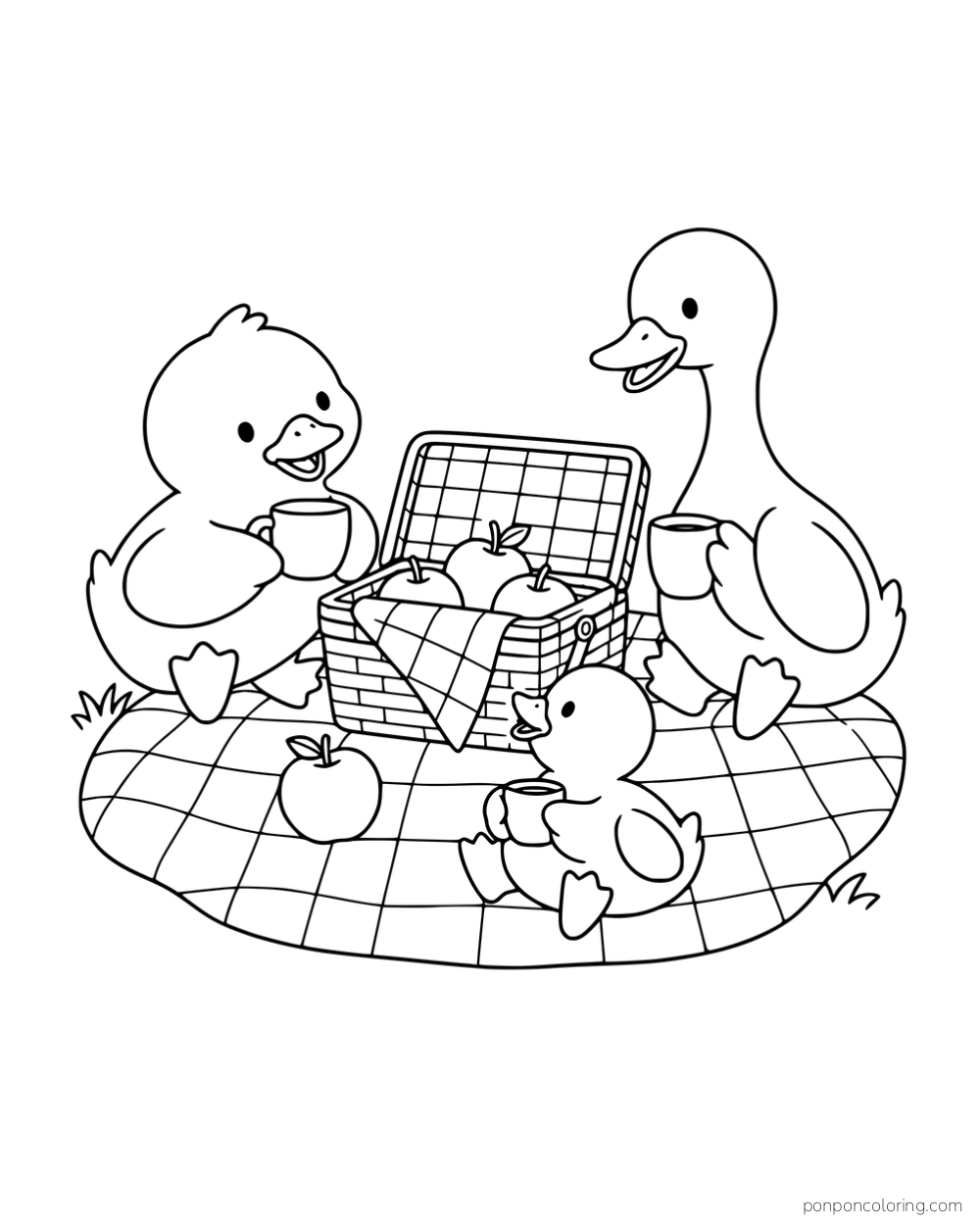 Three ducks holding mugs on a picnic blanket beside an open basket of apples.