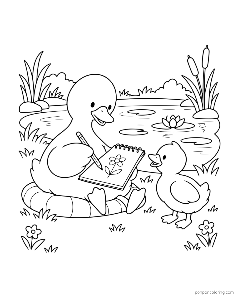 A duck drawing a flower in a sketchbook while a duckling watches beside a pond with lily pads.