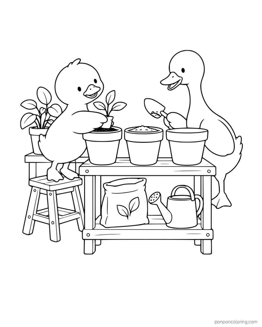 Two ducks planting seedlings at a potting bench with flowerpots, a trowel and a watering can.