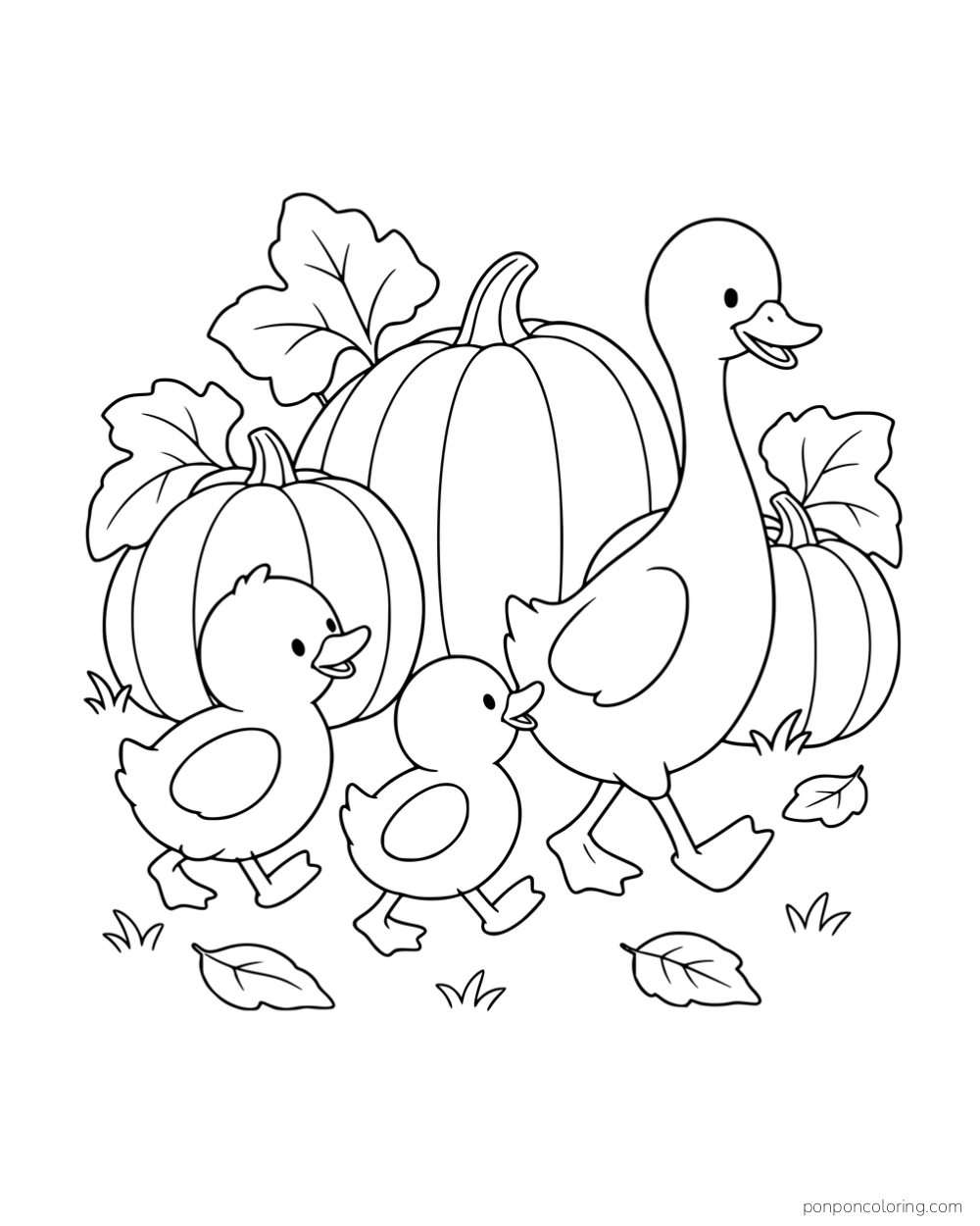A larger duck and two ducklings walking past three large pumpkins and broad leaves.