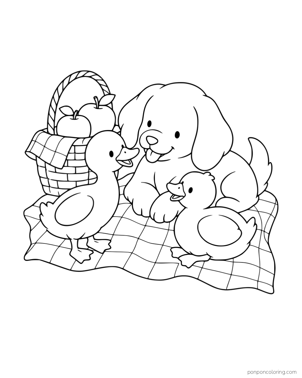 A puppy and two ducklings gathered on a picnic blanket beside a basket of apples.