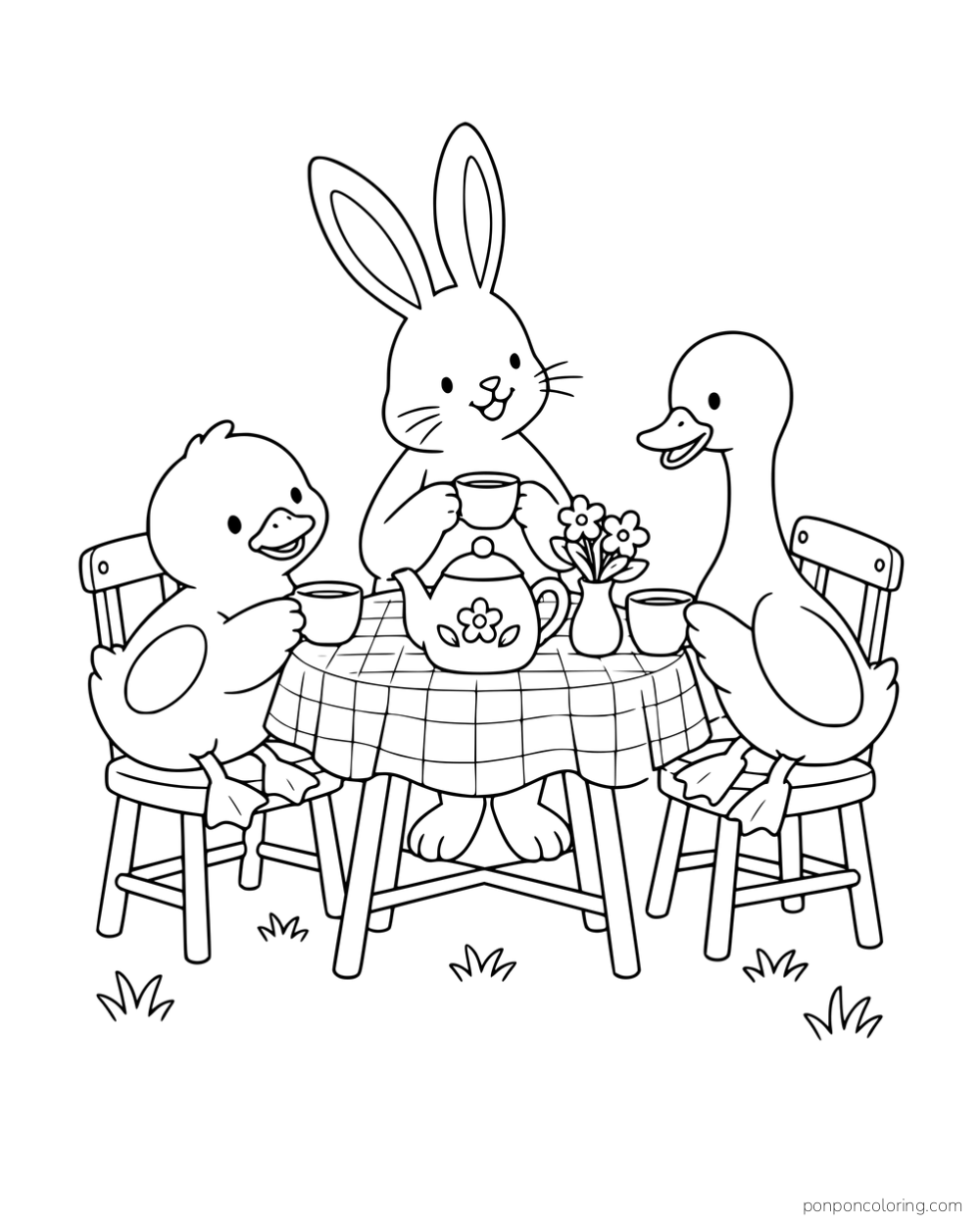 A rabbit and two ducks having tea at a small table with a teapot, cups and a vase of flowers.