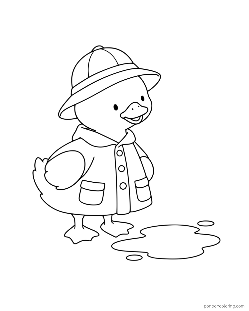 A duck wearing a raincoat and rain hat beside a puddle.