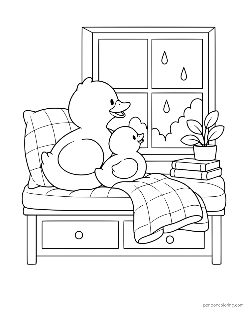 A larger duck and a duckling sitting together on a window seat beside books and a plant, with raindrops outside.