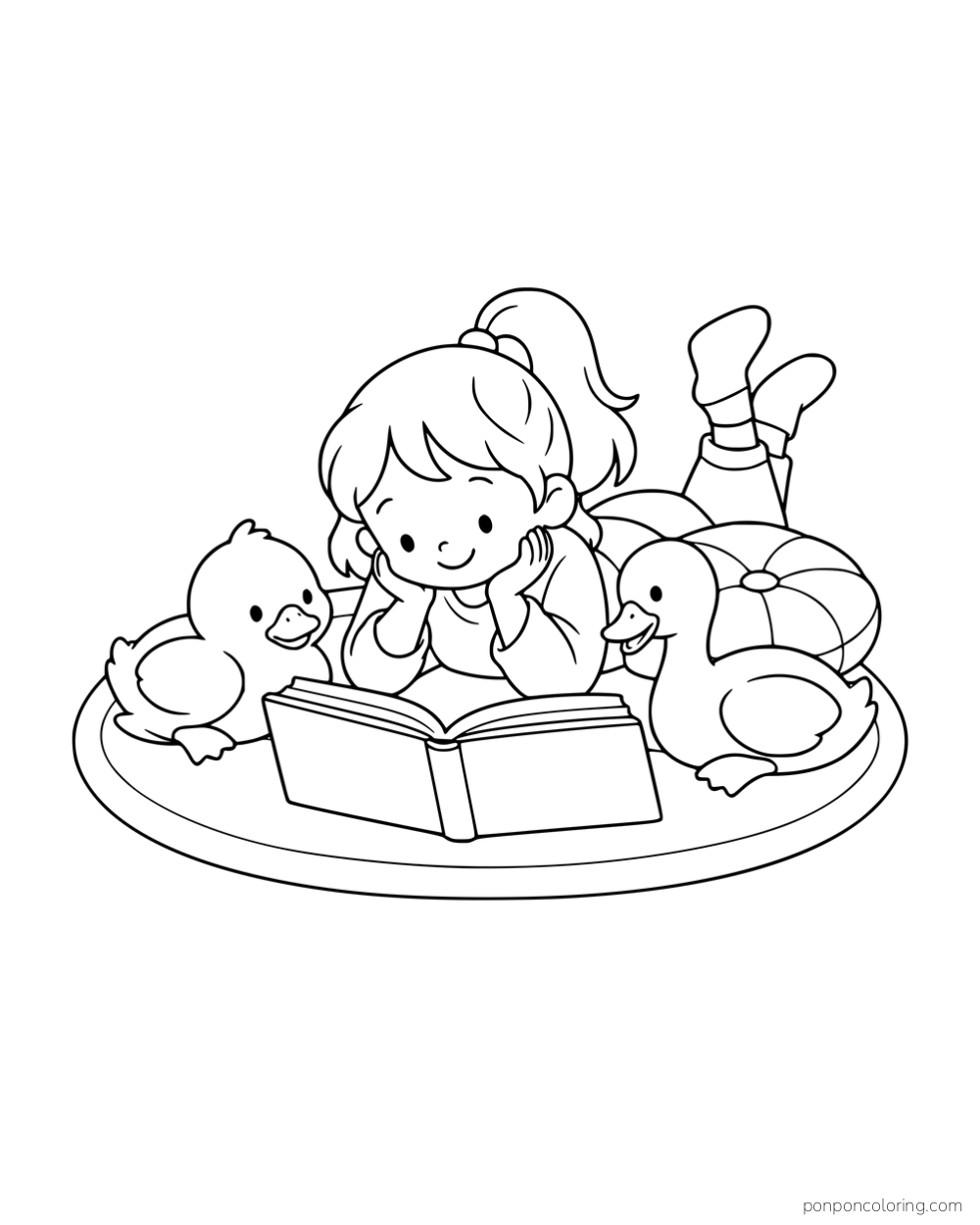 A child lying on a rug and reading an open book with two ducks resting nearby.