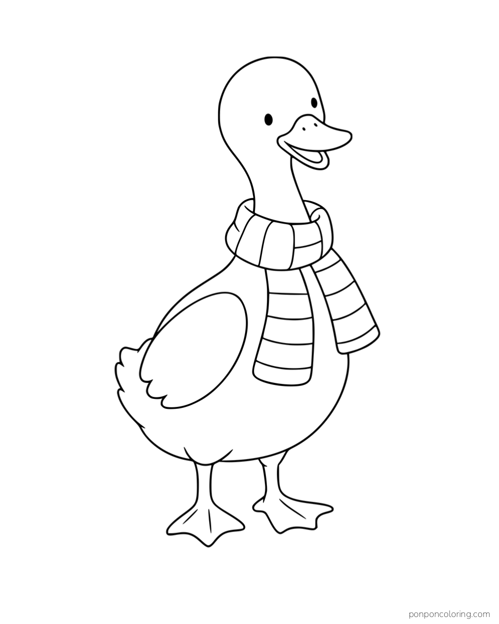 A tall duck wearing a broad striped scarf.